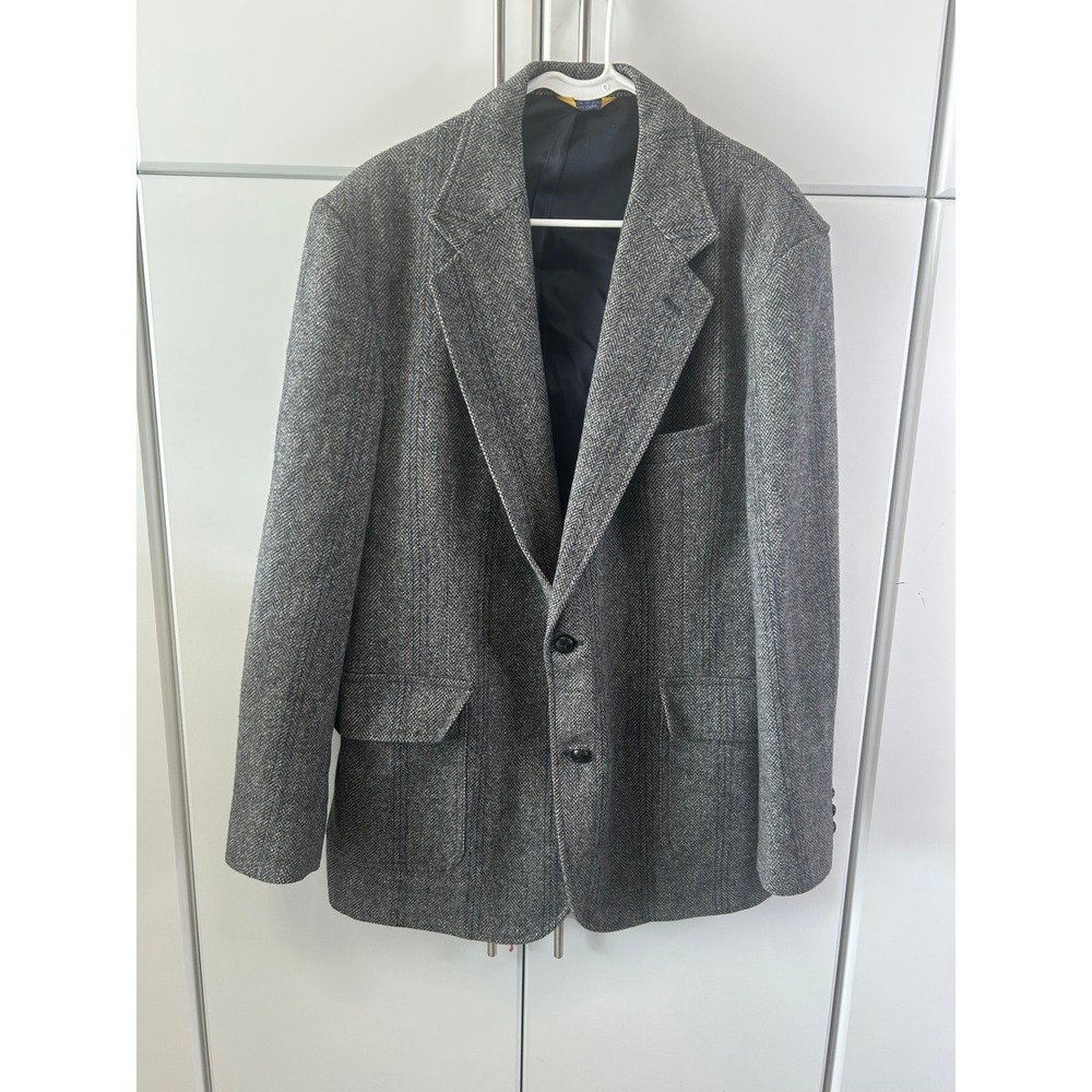 Vintage Grey Herringbone Wool Tweed Blazer‎ Mens Sport Coat Elbow Patches USA